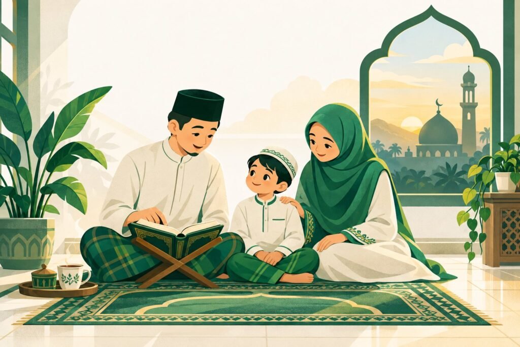 Ilustrasi keluarga muslim membaca Al-Qur'an bersama di rumah saat subuh, pengantar ringkasan kajian parenting POSA SD Islam Al-Amanah bersama Ustadz Handy Bonny