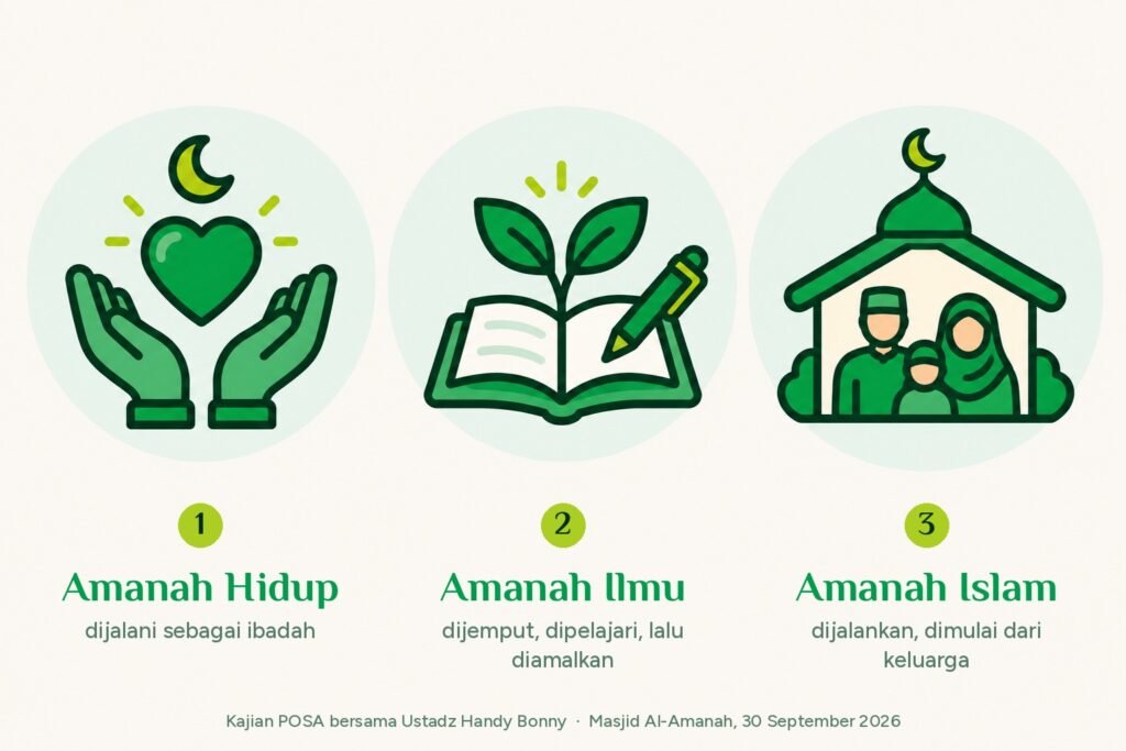 Infografis tiga amanah dari kajian Ustadz Handy Bonny: amanah hidup dijalani sebagai ibadah, amanah ilmu dijemput lalu diamalkan, amanah Islam dijalankan mulai dari keluarga